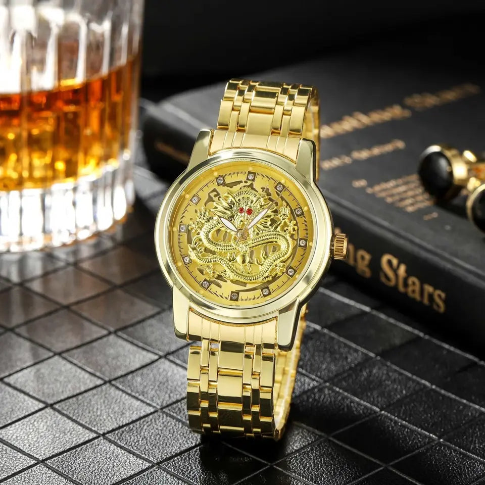 ⌚️Reloj de caballero Golden Dragon Quartz de acero inoxidable⌚️